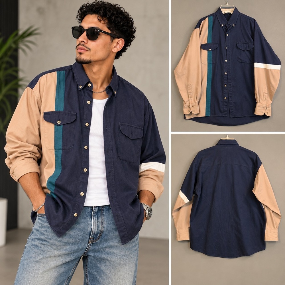 Vintage 80s 90s Spindle River Classics Mens Sz L Colorblock Button Up Shirt Y2K